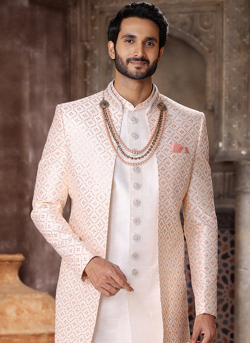 Peach Art Silk Wedding Wear Thread Work Mens Indo Western