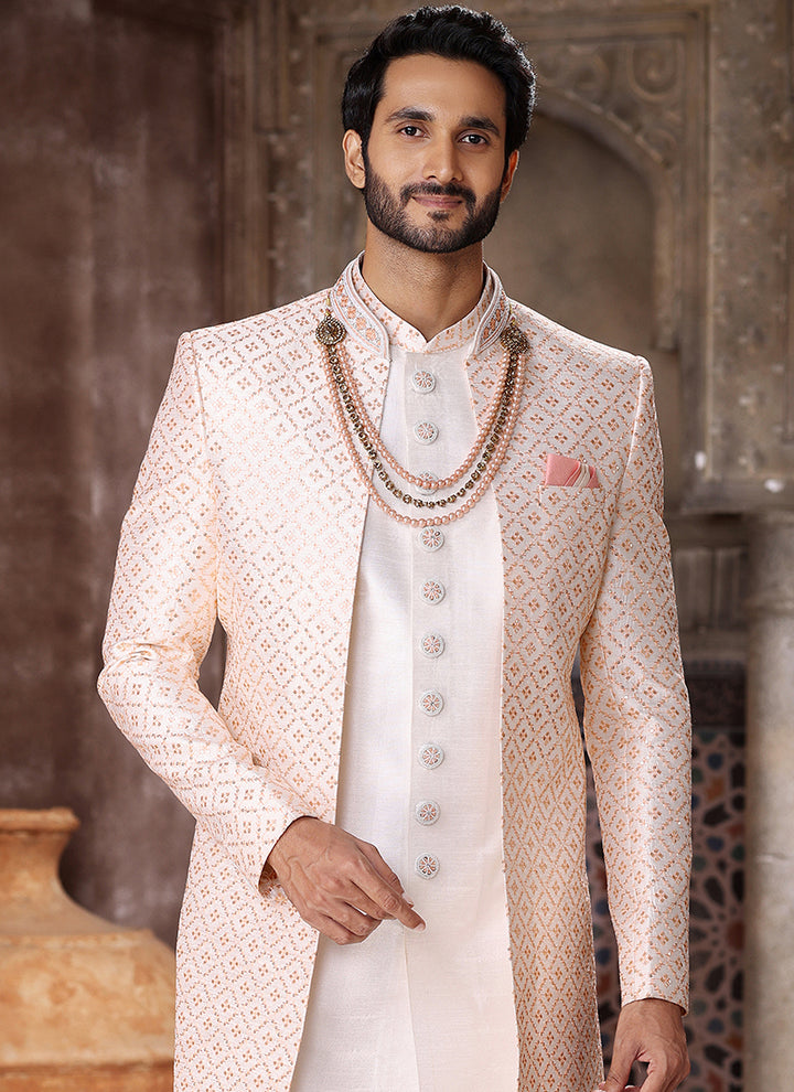 Peach Art Silk Wedding Wear Thread Work Mens Indo Western