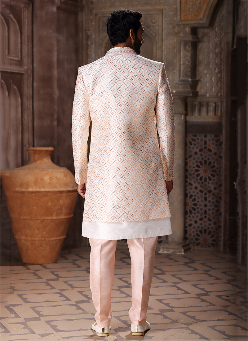 Peach Art Silk Wedding Wear Thread Work Mens Indo Western