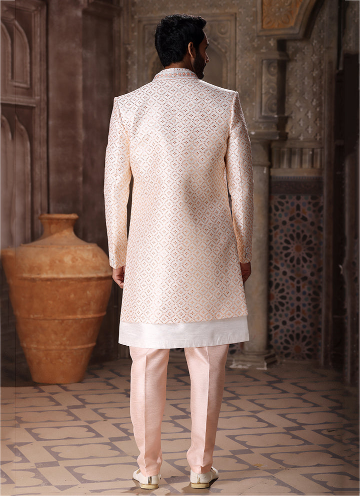 Peach Art Silk Wedding Wear Thread Work Mens Indo Western