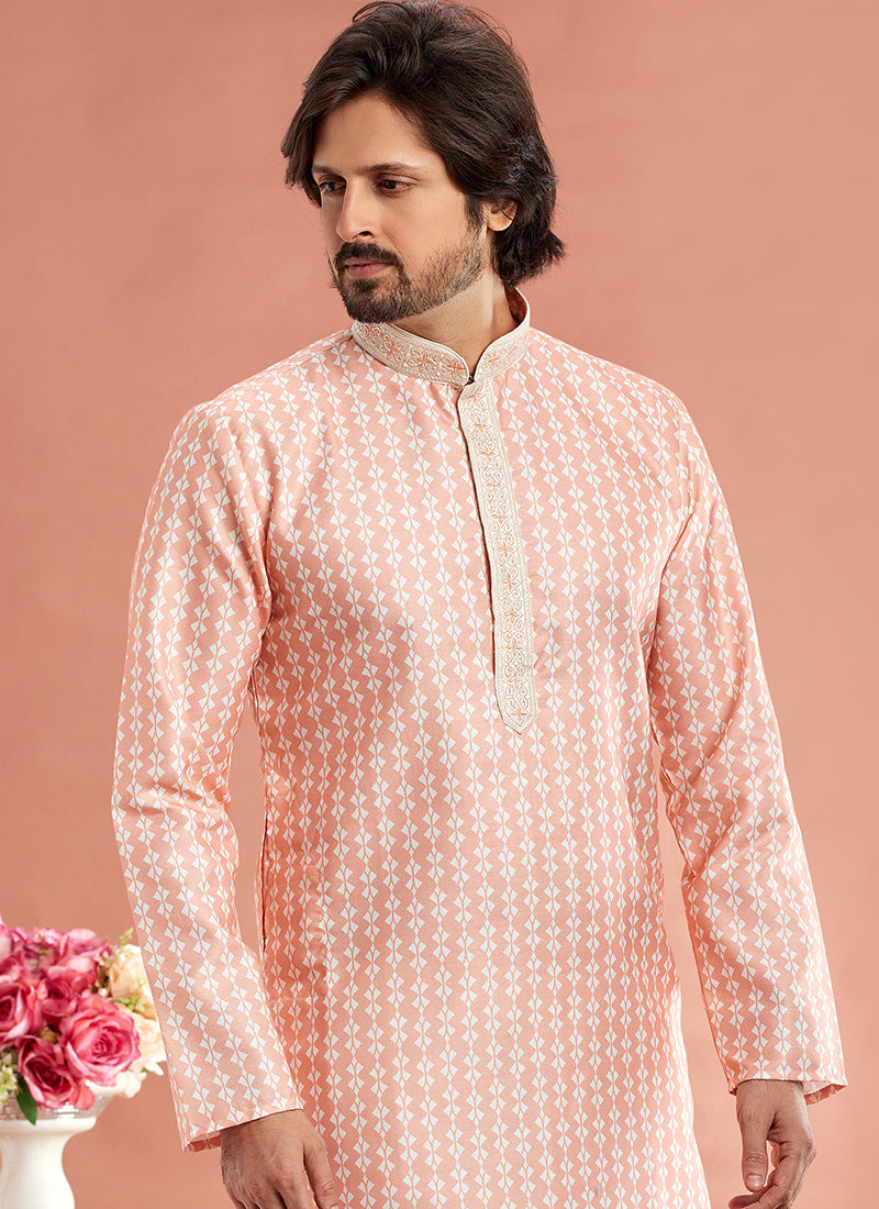 Art Cotton Silk Peach Traditional Wear Thread Work Kurta Pajama