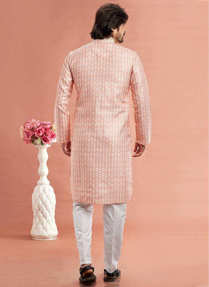 Art Cotton Silk Peach Traditional Wear Thread Work Kurta Pajama