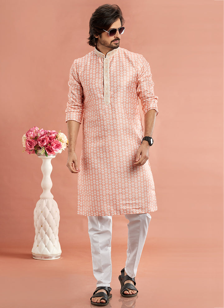 Art Cotton Silk Peach Traditional Wear Thread Work Kurta Pajama