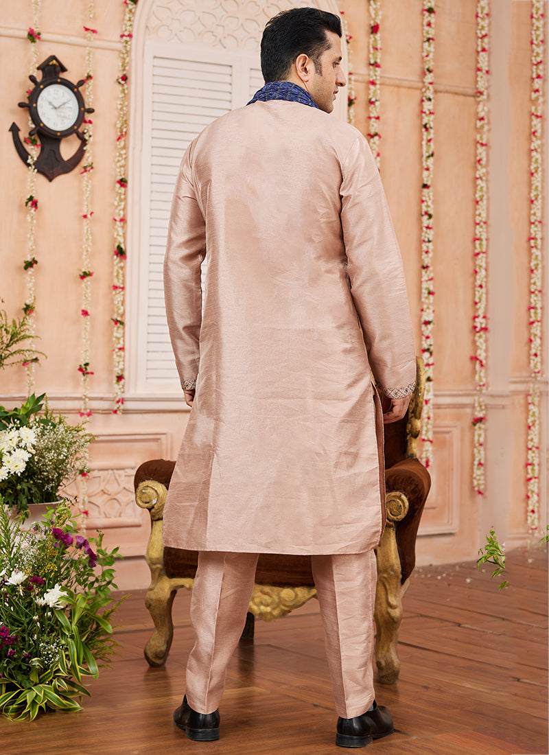 Art Silk Peach Festival Wear Plain Readymade Kurta Pajama