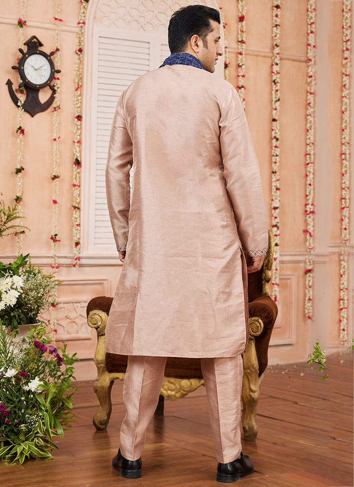 Art Silk Peach Festival Wear Plain Readymade Kurta Pajama