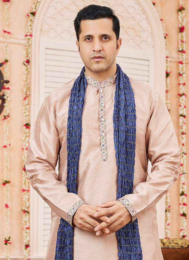 Art Silk Peach Festival Wear Plain Readymade Kurta Pajama