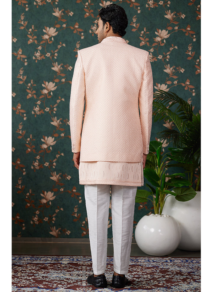 Art Silk Peach Groom Wear Thread Work Readymade Sherwani