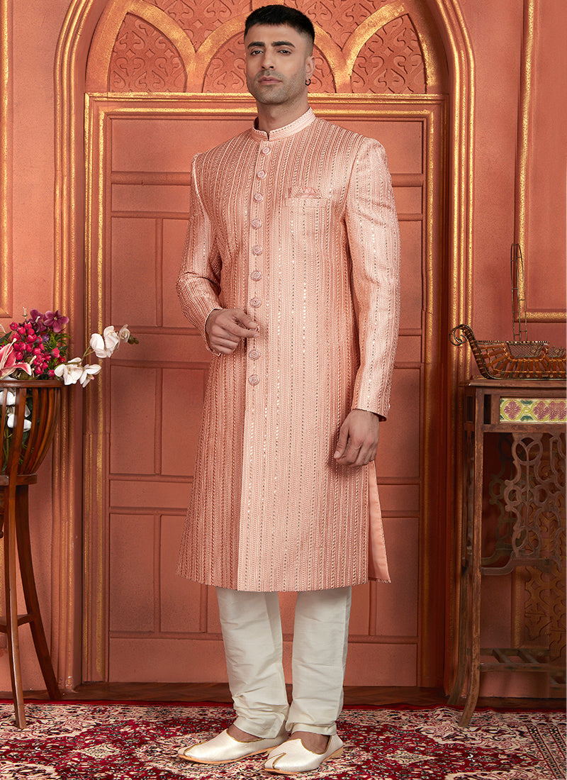 Art Silk Peach Wedding Wear Embroidery Work Readymade Groom Sherwani