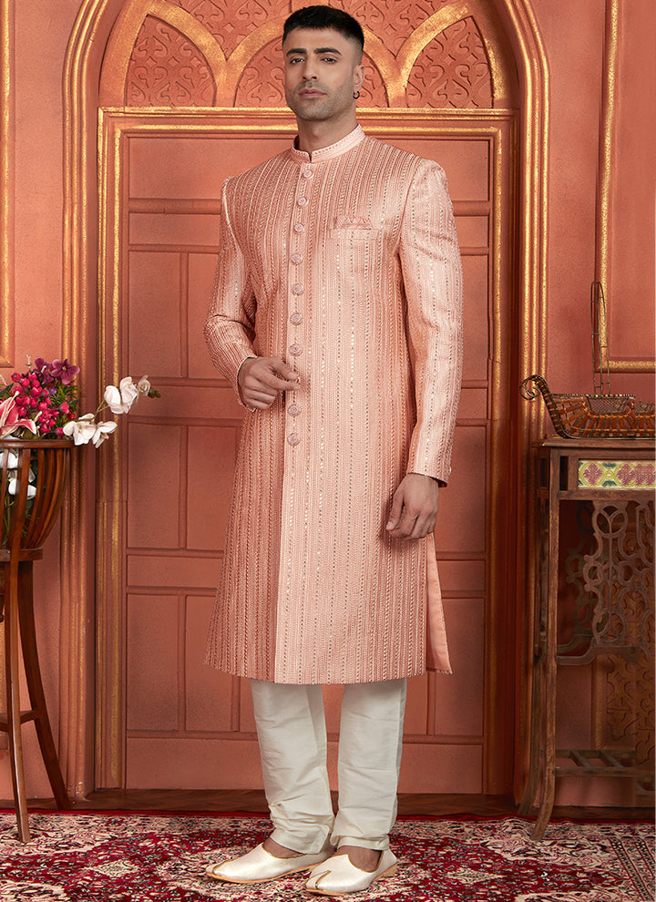 Art Silk Peach Wedding Wear Embroidery Work Readymade Groom Sherwani