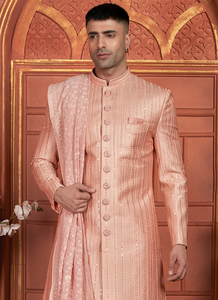 Art Silk Peach Wedding Wear Embroidery Work Readymade Groom Sherwani