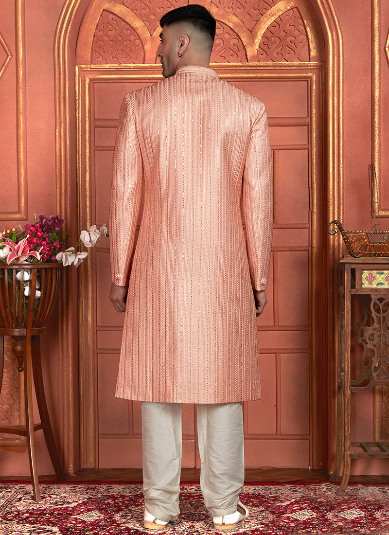 Art Silk Peach Wedding Wear Embroidery Work Readymade Groom Sherwani