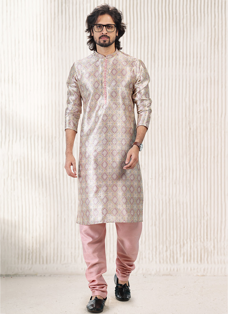 Peach Banarasi Silk Festival Wear Jacquard Kurta Pajama