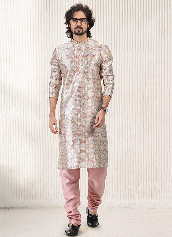 Peach Banarasi Silk Festival Wear Jacquard Kurta Pajama