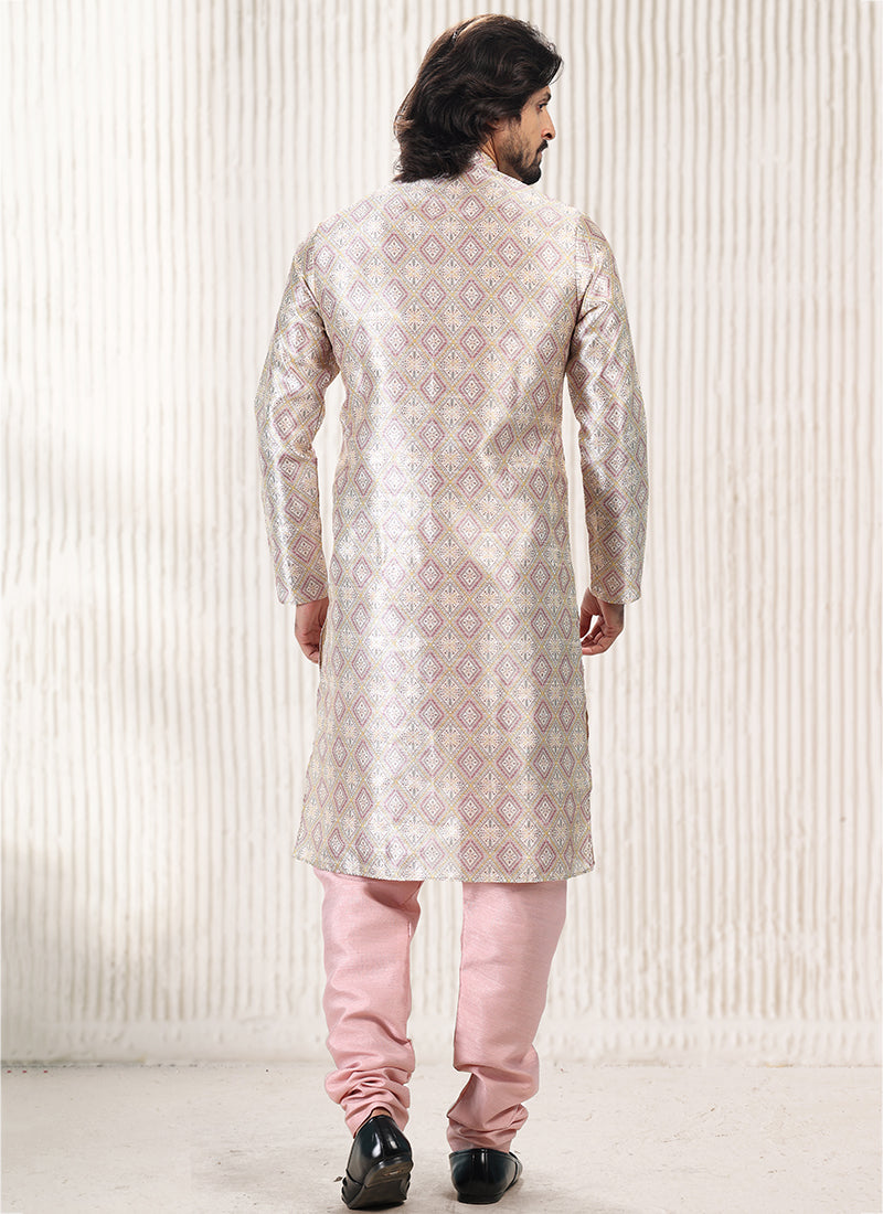 Peach Banarasi Silk Festival Wear Jacquard Kurta Pajama