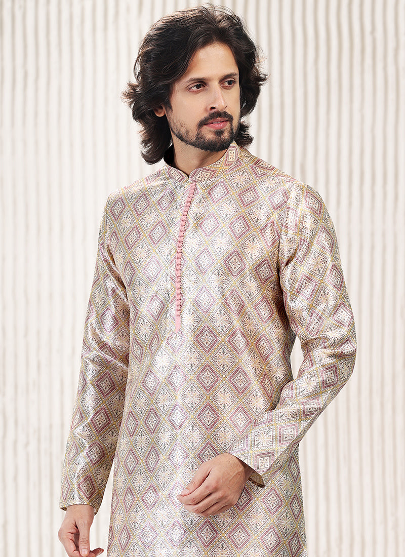 Peach Banarasi Silk Festival Wear Jacquard Kurta Pajama