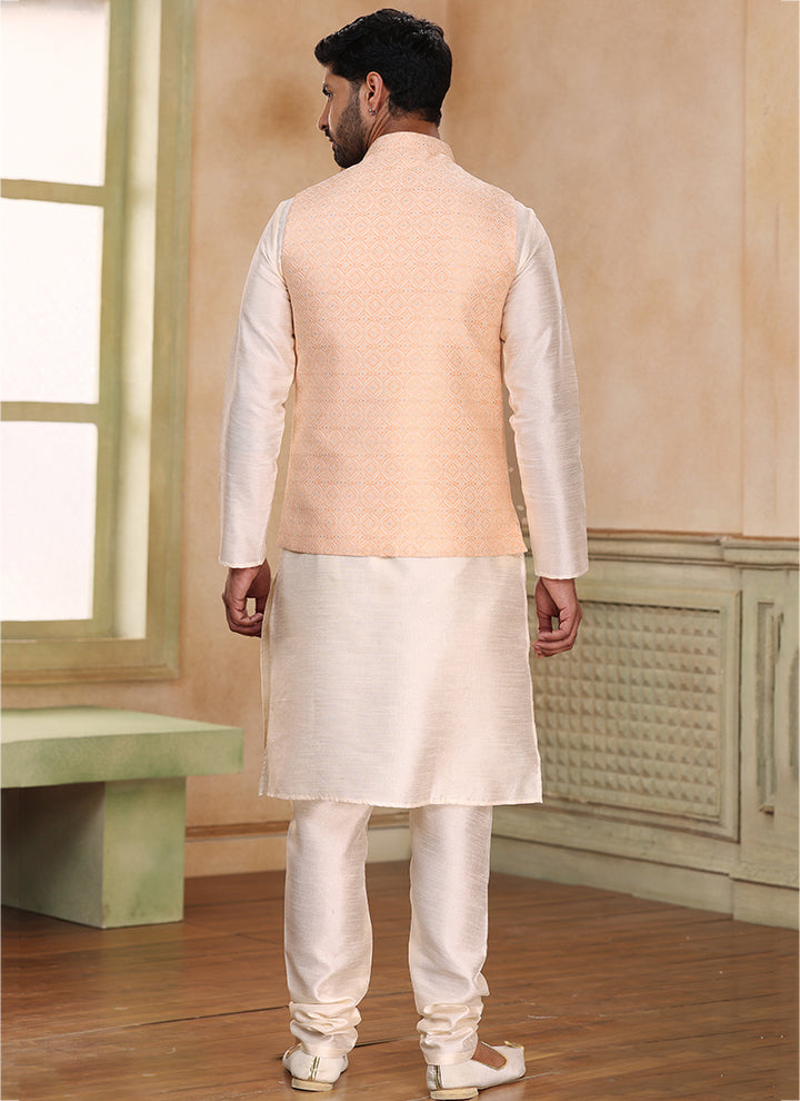 Peach Banarasi Silk Traditional Wear Weaving Kurta Pajama With Jacket