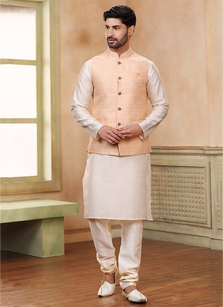 Peach Banarasi Silk Traditional Wear Weaving Kurta Pajama With Jacket