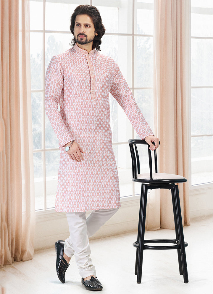 Peach Cotton Traditional Wear Thread Work Kurta Pajama