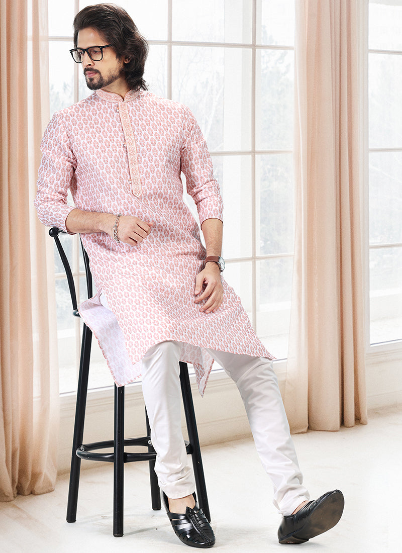 Peach Cotton Traditional Wear Thread Work Kurta Pajama