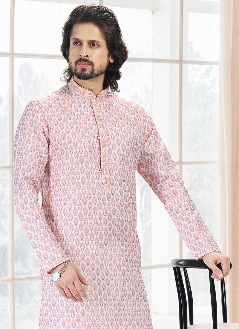 Peach Cotton Traditional Wear Thread Work Kurta Pajama