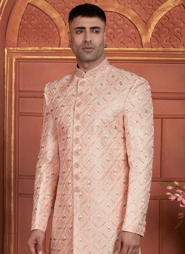 Dhupion Art Silk Peach Wedding Wear Thread Work Readymade Sherwani