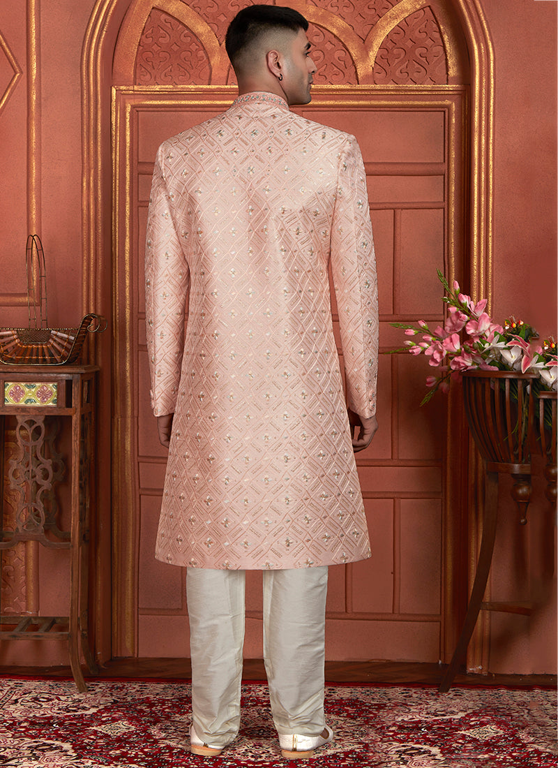 Dhupion Art Silk Peach Wedding Wear Thread Work Readymade Sherwani