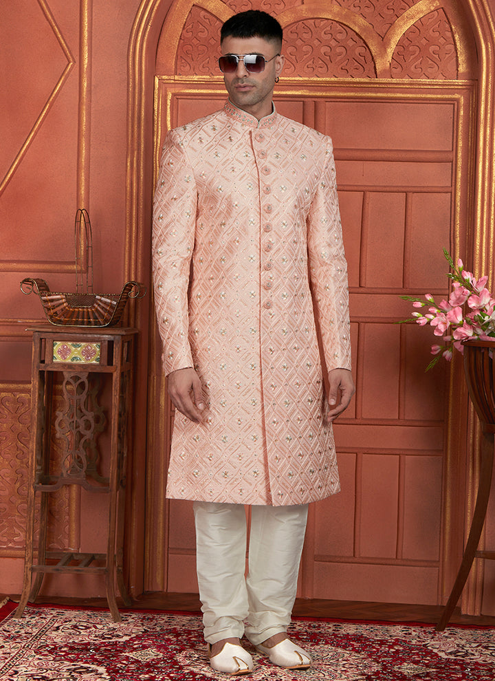 Dhupion Art Silk Peach Wedding Wear Thread Work Readymade Sherwani