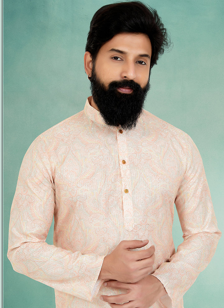 Dhupion Silk Peach Festival Wear Printed Readymade Kurta Pajama