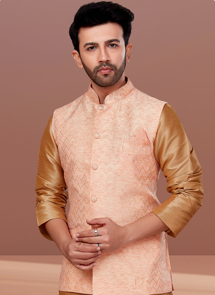 Jacquard Silk Peach Festival Wear Embroidery Work Readymade Men's Waist Coat