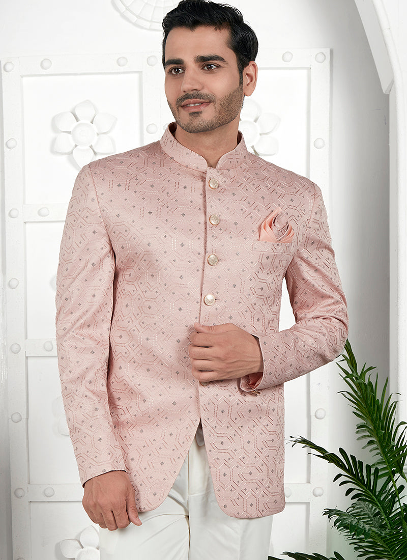 Peach Imported Jaquard Silk Party Wear Pattern Pc Work Readymade Mens Jacket