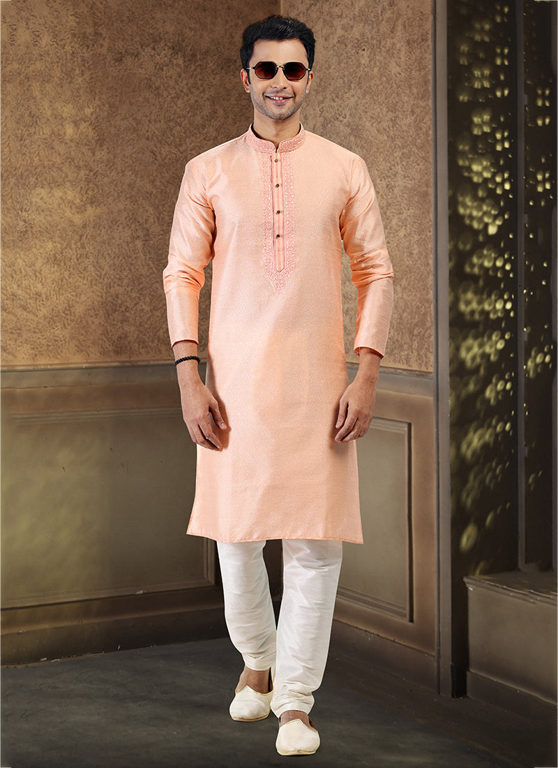 Peach Jacquard Banarasi Silk Festival Wear Thread Work Kurta Pajama