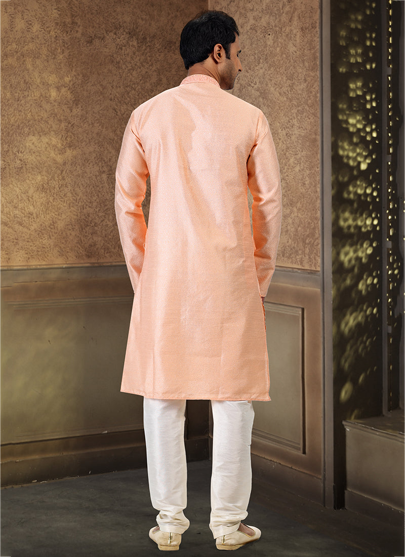 Peach Jacquard Banarasi Silk Festival Wear Thread Work Kurta Pajama
