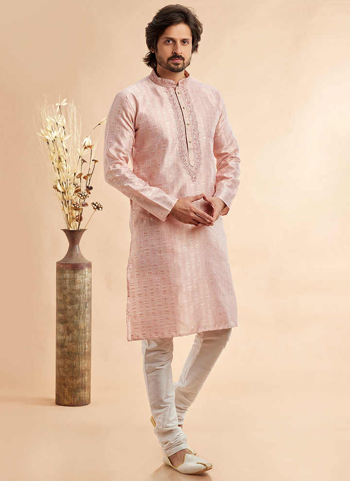 Jacquard Art Silk Peach Festival Wear Machine Work Readymade Kurta Pajama