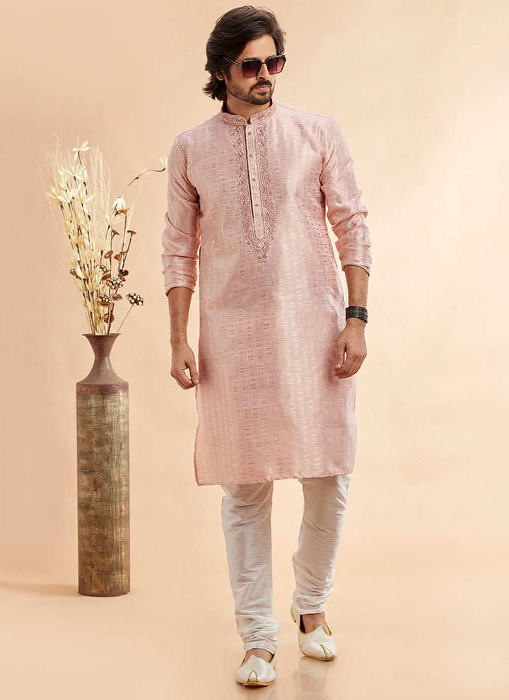 Jacquard Art Silk Peach Festival Wear Machine Work Readymade Kurta Pajama