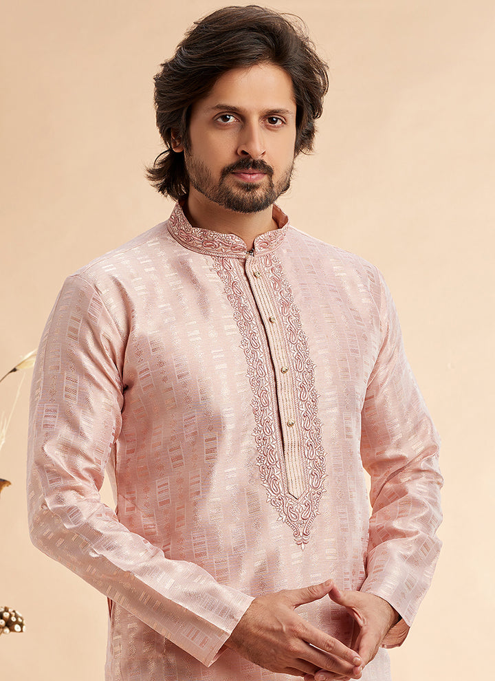 Jacquard Art Silk Peach Festival Wear Machine Work Readymade Kurta Pajama