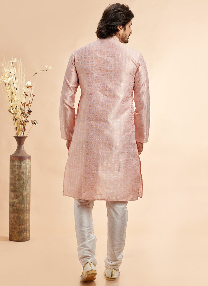 Jacquard Art Silk Peach Festival Wear Machine Work Readymade Kurta Pajama