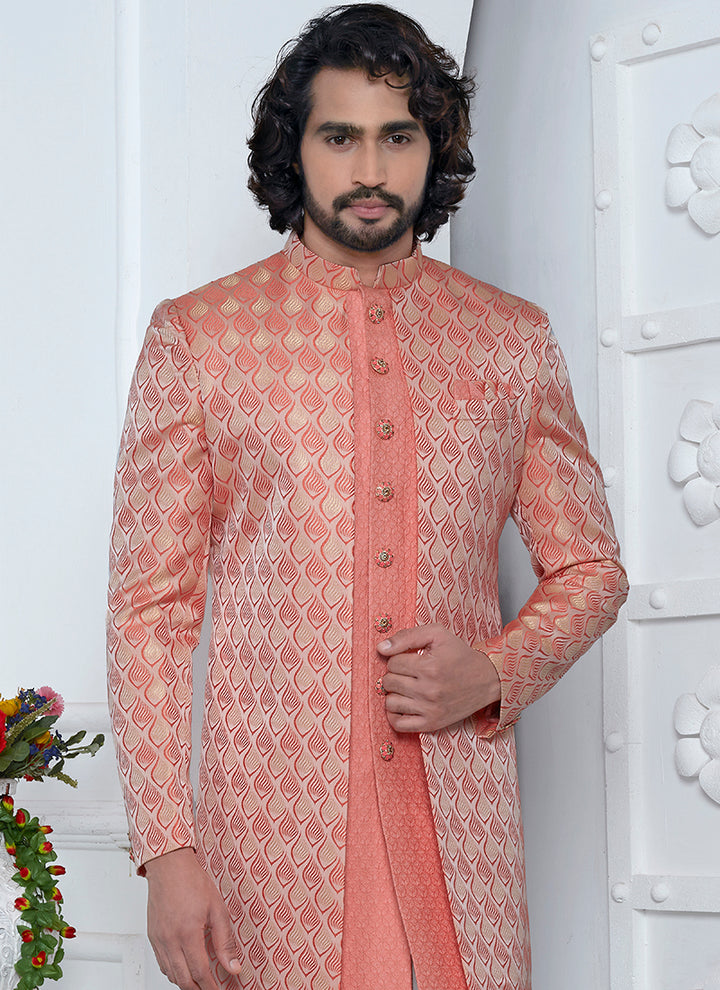 Peach Pink Jaquard Silk Party Wear Pattern Pc Work Readymade Mens Indo Western