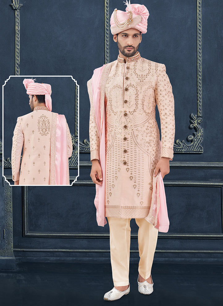 Silk Peach Groom Wear Hand Work Readymade Sherwani With Turban