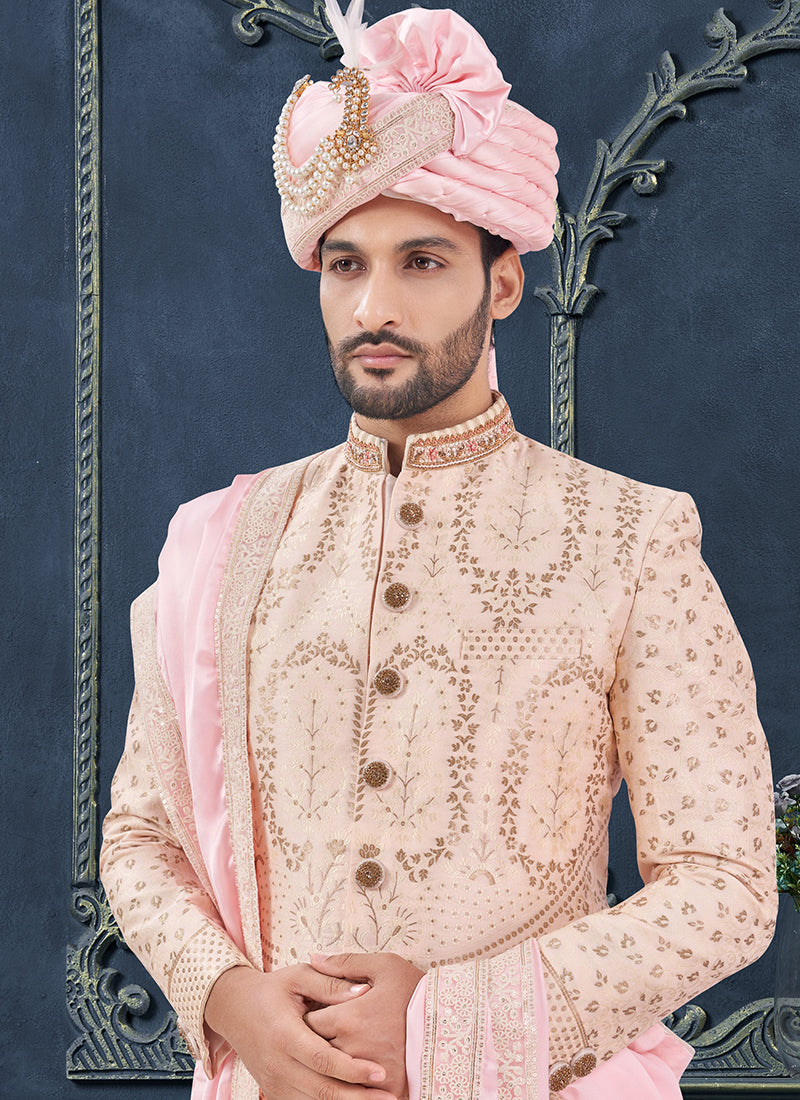 Silk Peach Groom Wear Hand Work Readymade Sherwani With Turban