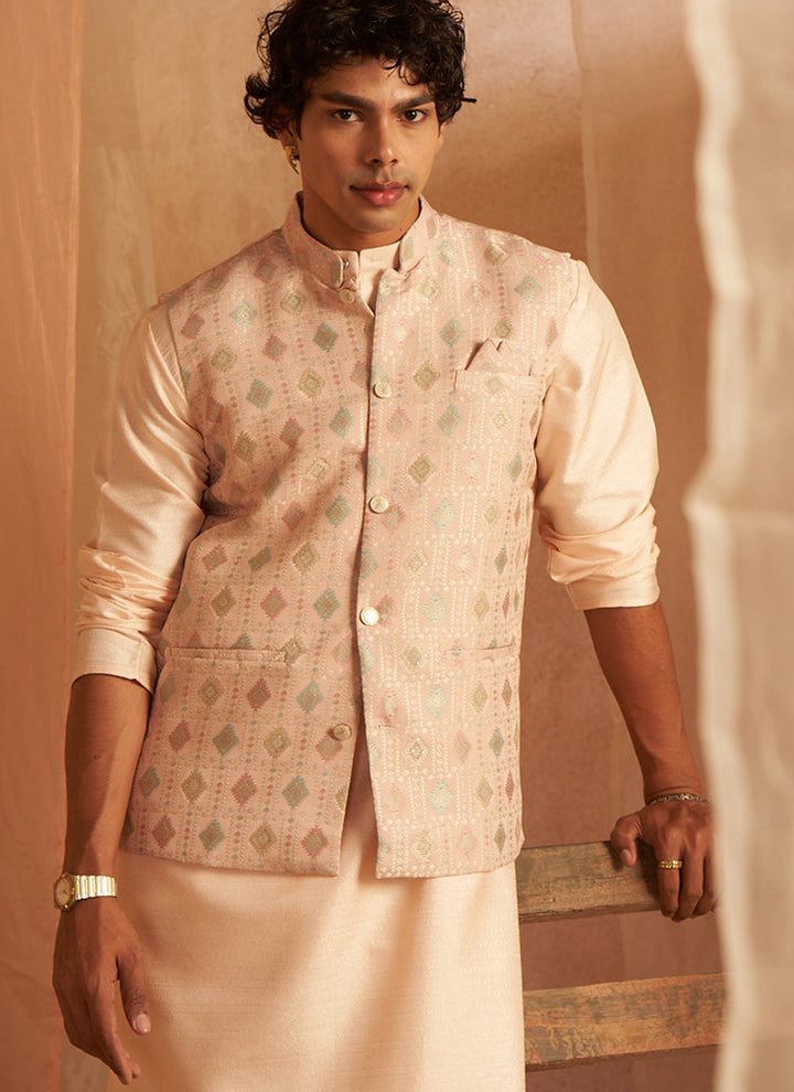 Viscose Peach Ceremonial Wear Printed Readymade Modi Jacket Kurta Pajama