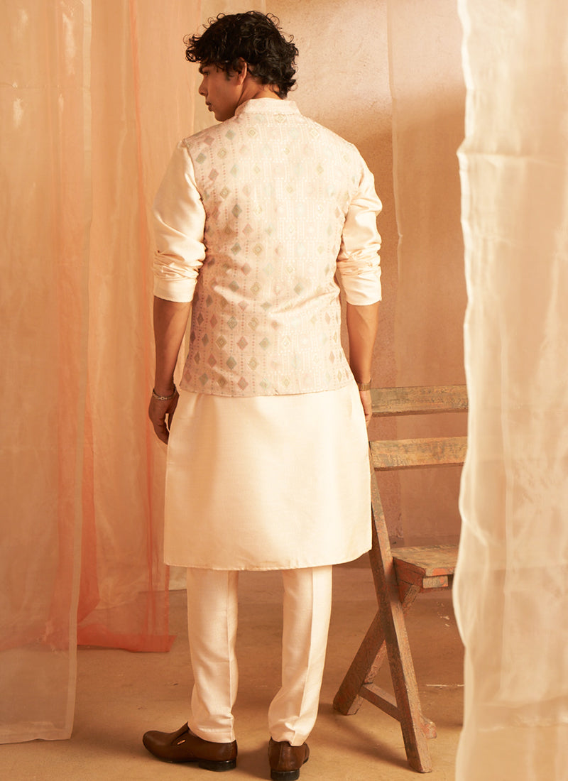 Viscose Peach Ceremonial Wear Printed Readymade Modi Jacket Kurta Pajama