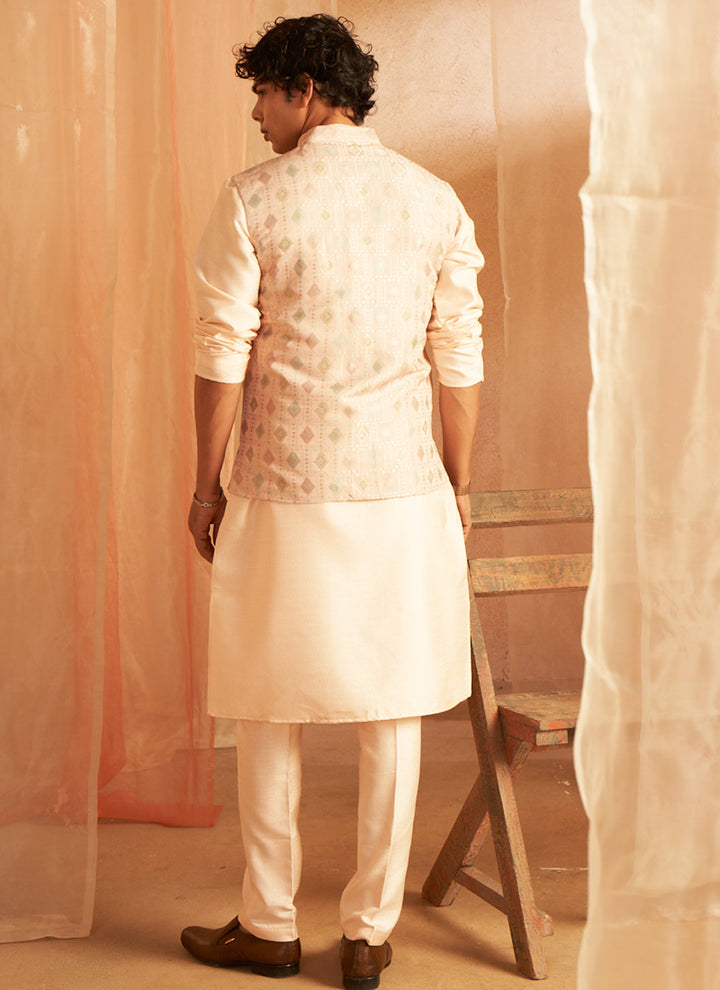 Viscose Peach Ceremonial Wear Printed Readymade Modi Jacket Kurta Pajama