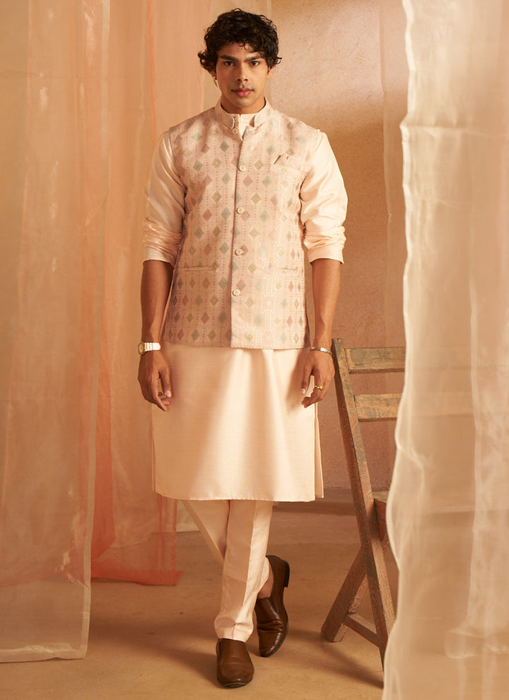 Viscose Peach Ceremonial Wear Printed Readymade Modi Jacket Kurta Pajama