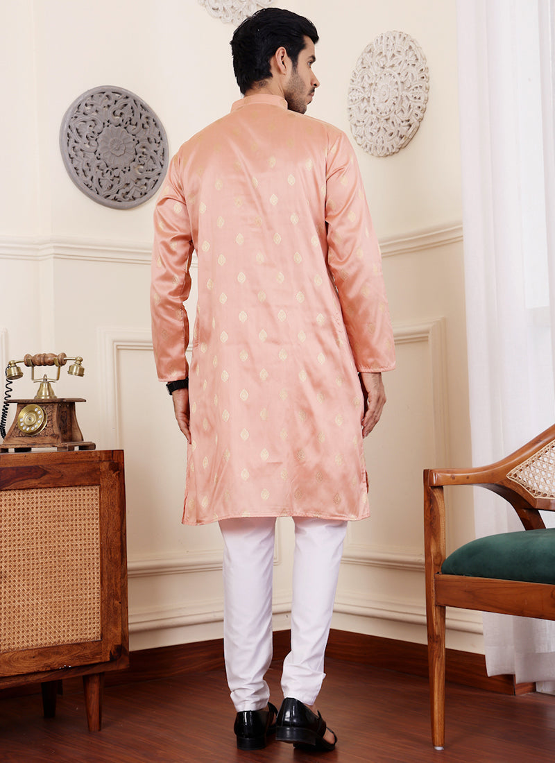 Viscose Peach Festival Wear Jacquard Work Readymade Kurta Pajama