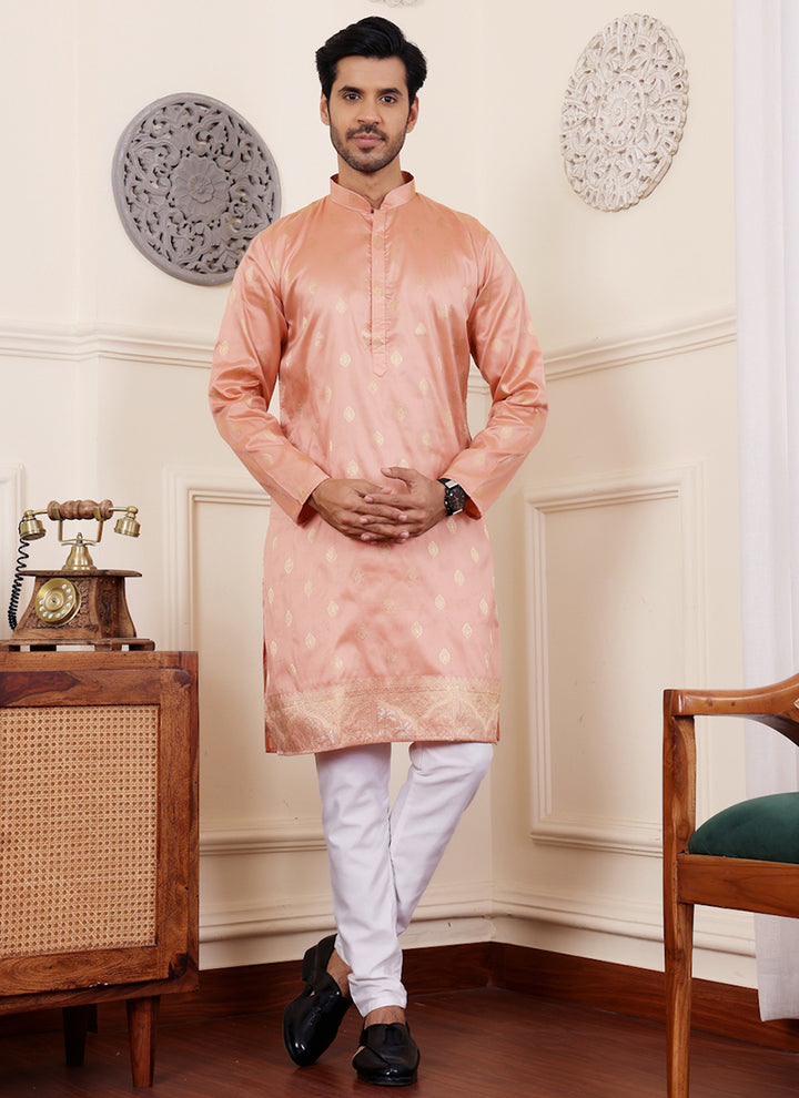 Viscose Peach Festival Wear Jacquard Work Readymade Kurta Pajama