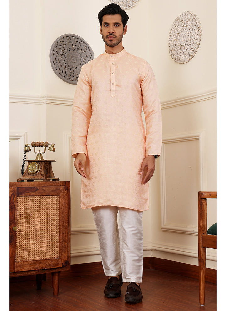 Viscose  Peach Traditional Wear Weaving  Readymade Kurta Pajama