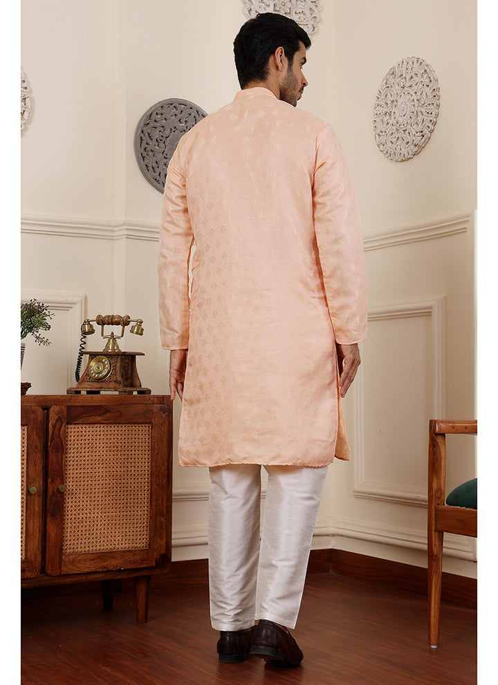 Viscose  Peach Traditional Wear Weaving  Readymade Kurta Pajama