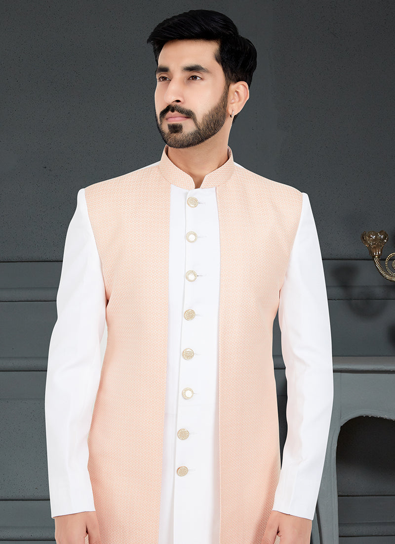 Peach White  Jecquard Traditional Wear Weaving Italian Indo Western