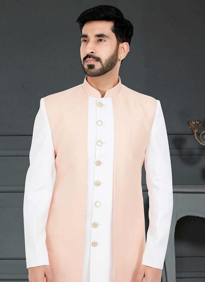 Peach White  Jecquard Traditional Wear Weaving Italian Indo Western