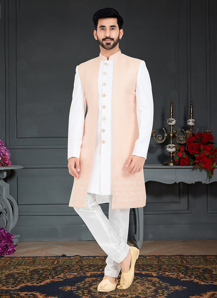 Peach White  Jecquard Traditional Wear Weaving Italian Indo Western